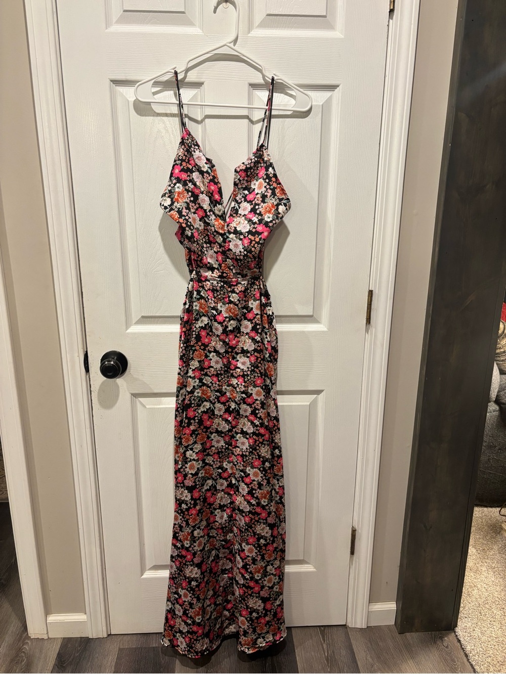 Buckle Black Floral Spaghetti-Strap Maxi Dress with Pink Accents